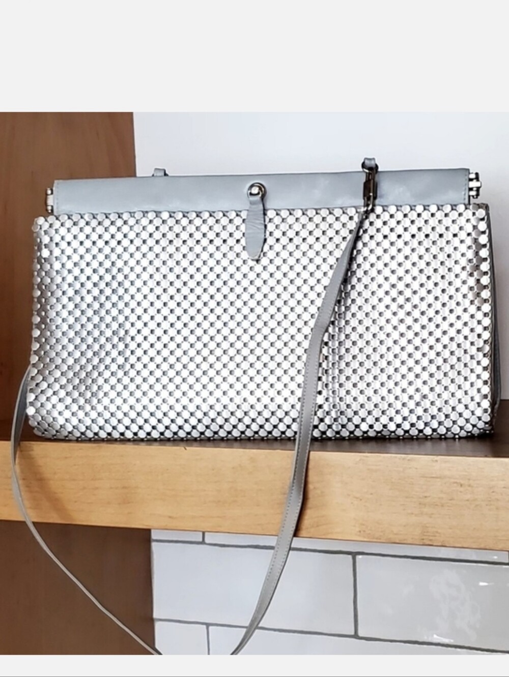 Whiting & Davis Co Vtg. Silver Metal Mesh+Gray Leather Shoulder/Clutch Bag, EUC